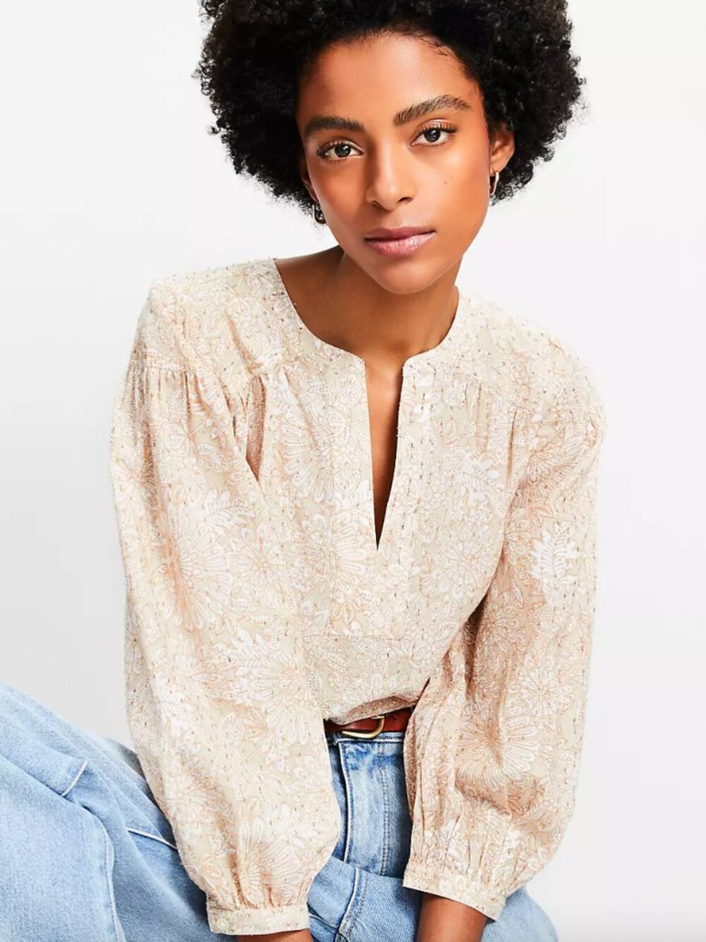 LOFT Beige Floral V-Neck Peasant Blouse